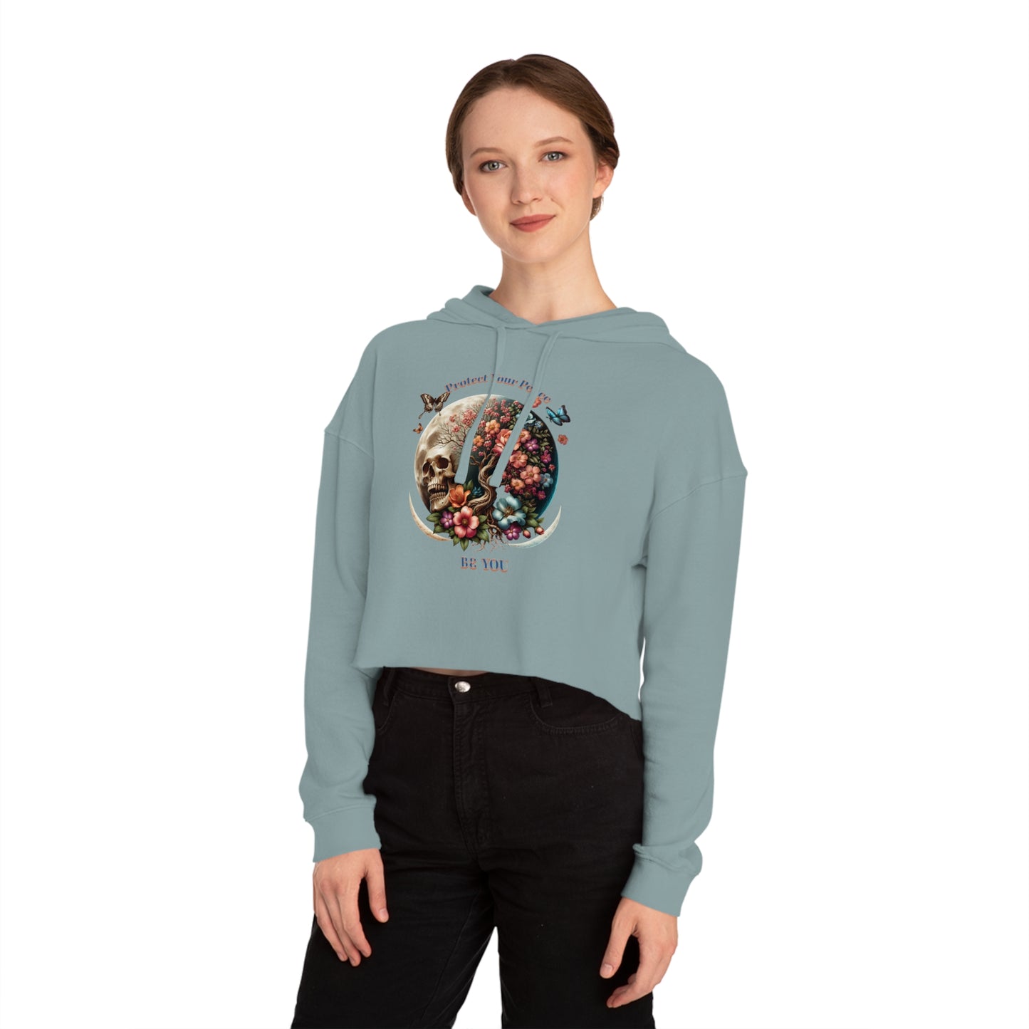 PROTECT YOUR PEACE FLOWERS, SKULL, and BUTTERFLIES Cropped Hooded Sweatshirt