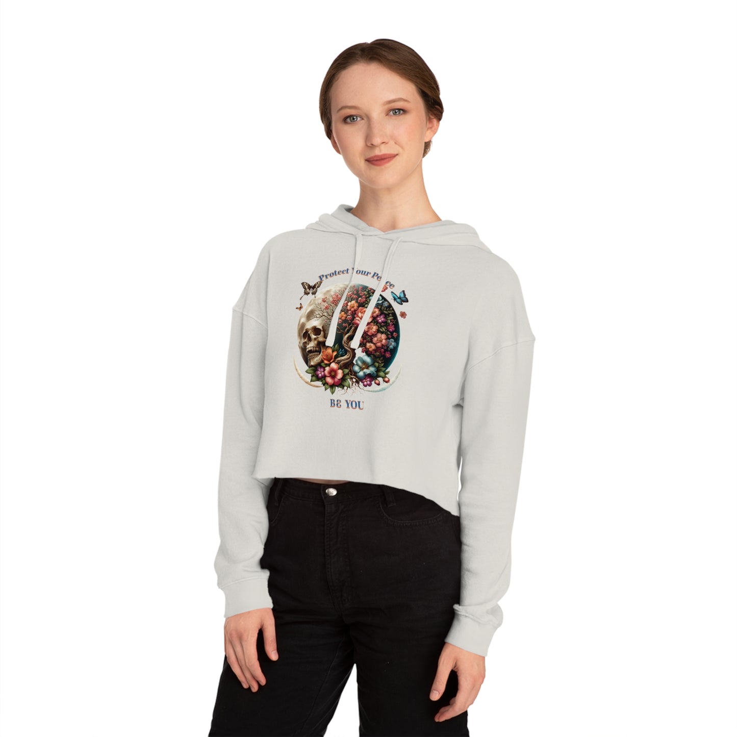 PROTECT YOUR PEACE FLOWERS, SKULL, and BUTTERFLIES Cropped Hooded Sweatshirt