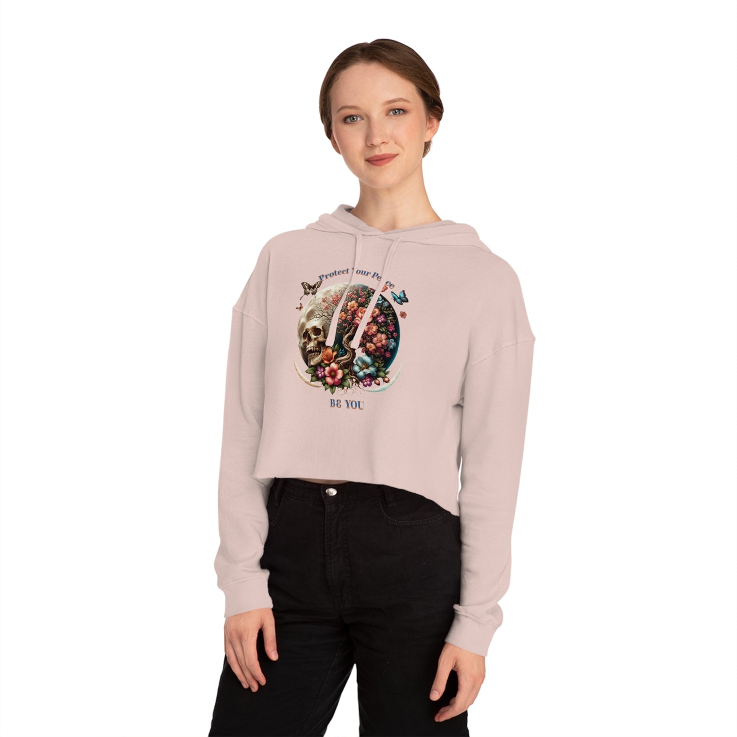 PROTECT YOUR PEACE FLOWERS, SKULL, and BUTTERFLIES Cropped Hooded Sweatshirt