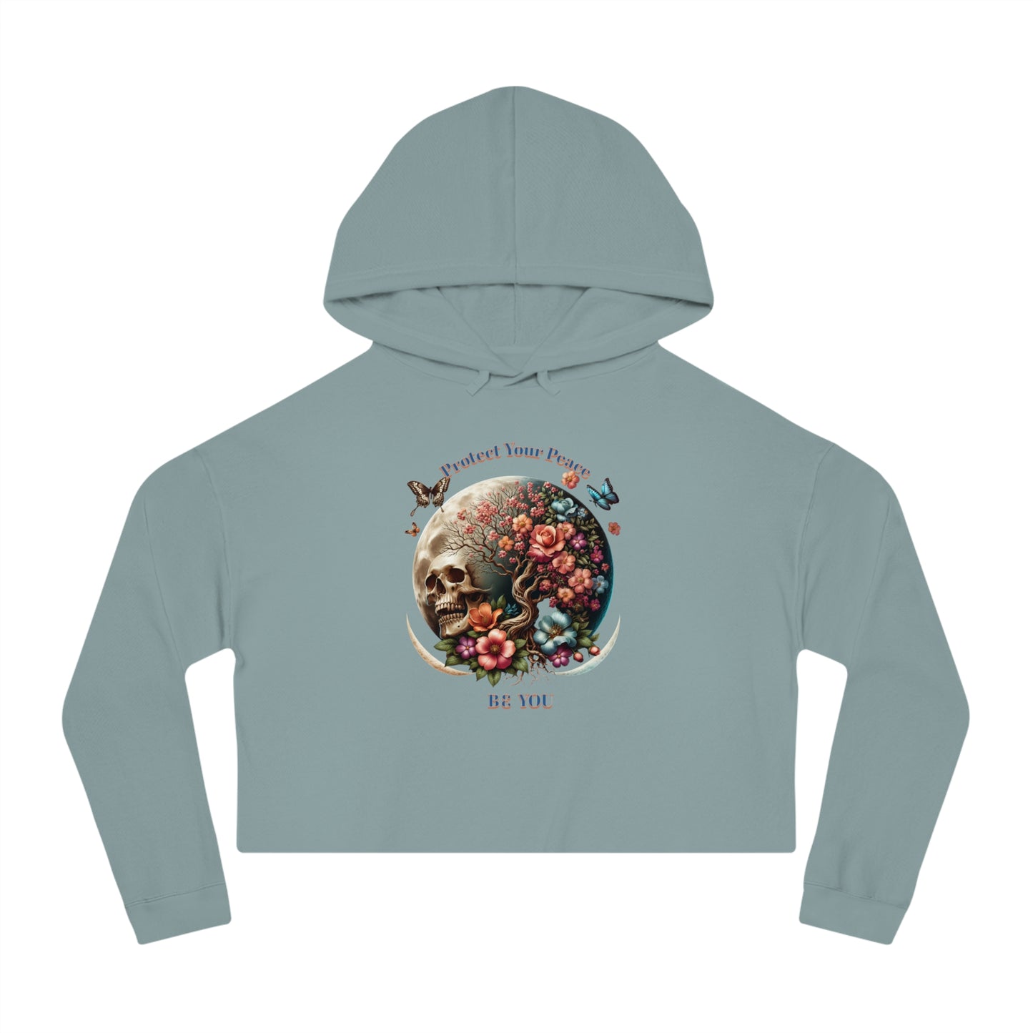 PROTECT YOUR PEACE FLOWERS, SKULL, and BUTTERFLIES Cropped Hooded Sweatshirt