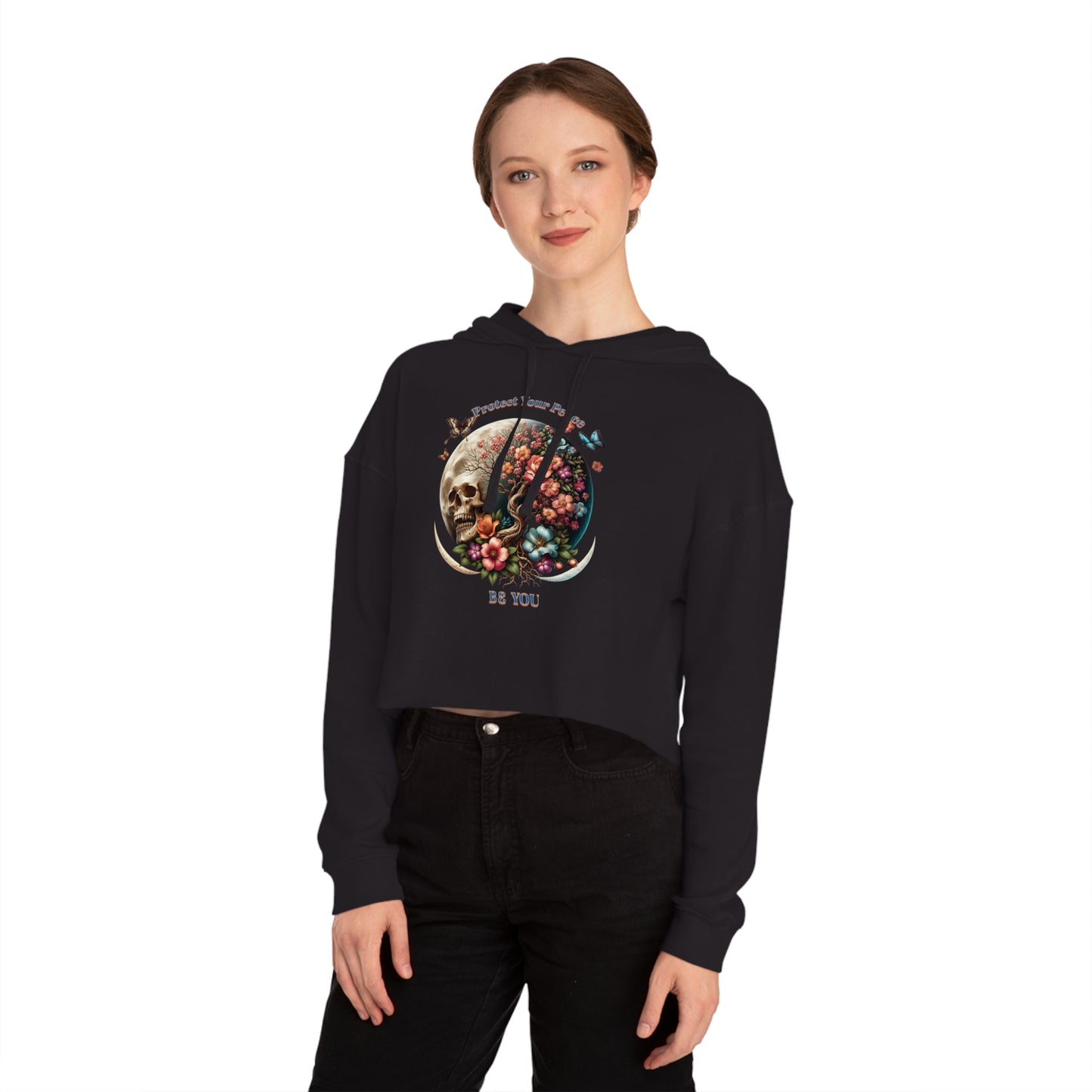 PROTECT YOUR PEACE FLOWERS, SKULL, and BUTTERFLIES Cropped Hooded Sweatshirt