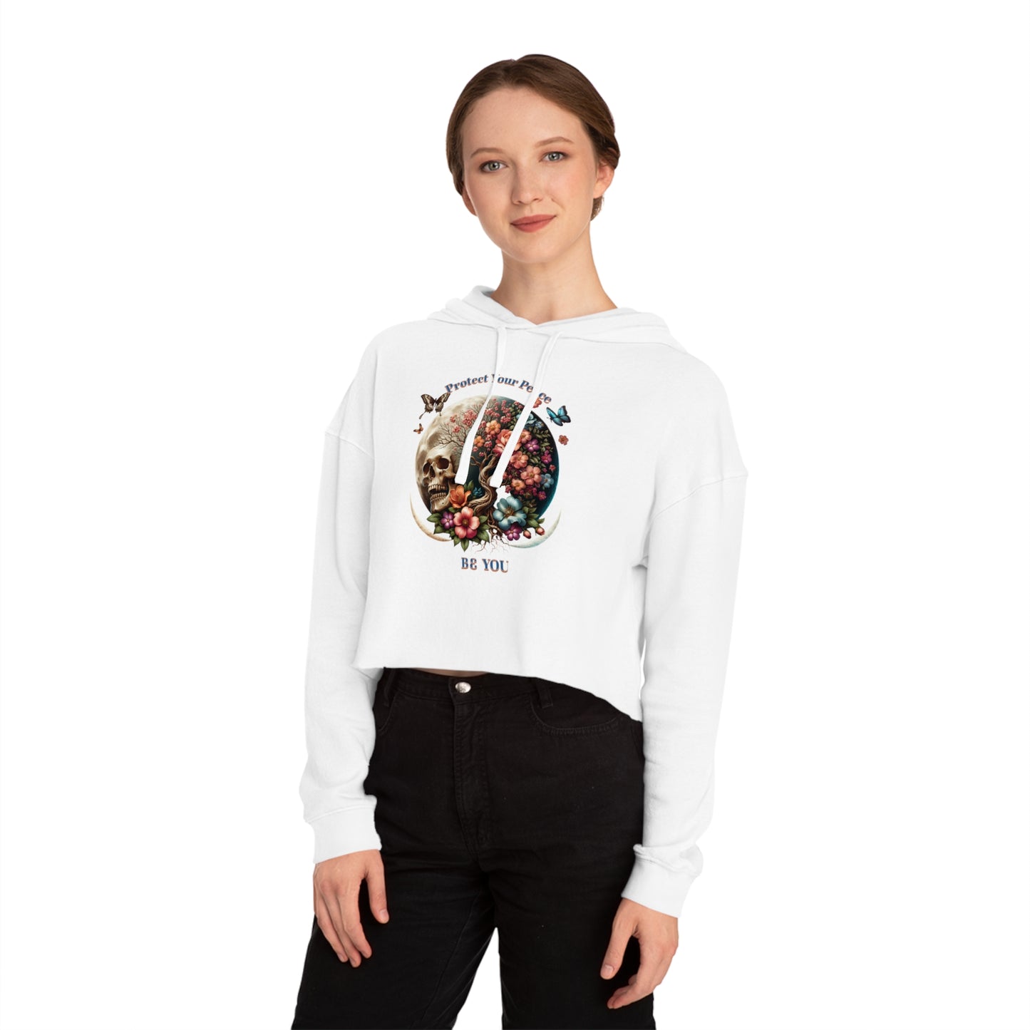PROTECT YOUR PEACE FLOWERS, SKULL, and BUTTERFLIES Cropped Hooded Sweatshirt