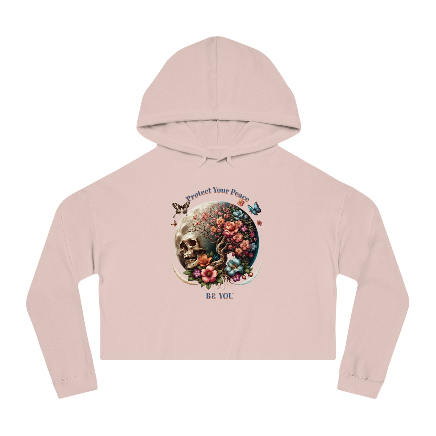 PROTECT YOUR PEACE FLOWERS, SKULL, and BUTTERFLIES Cropped Hooded Sweatshirt